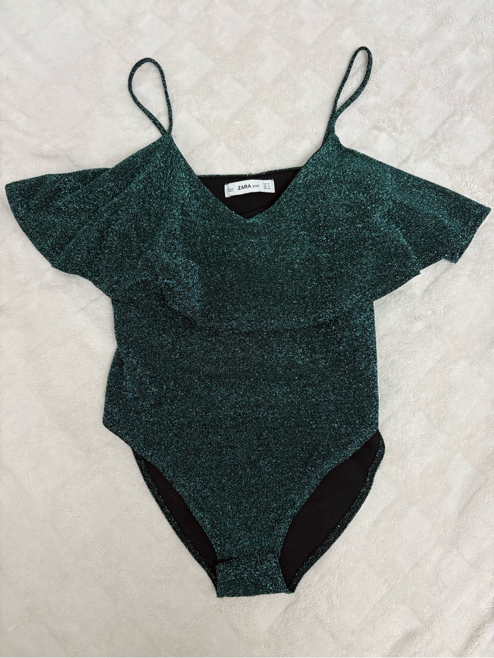 ZARA Teal Shimmer Ruffle Strap Bodysuit